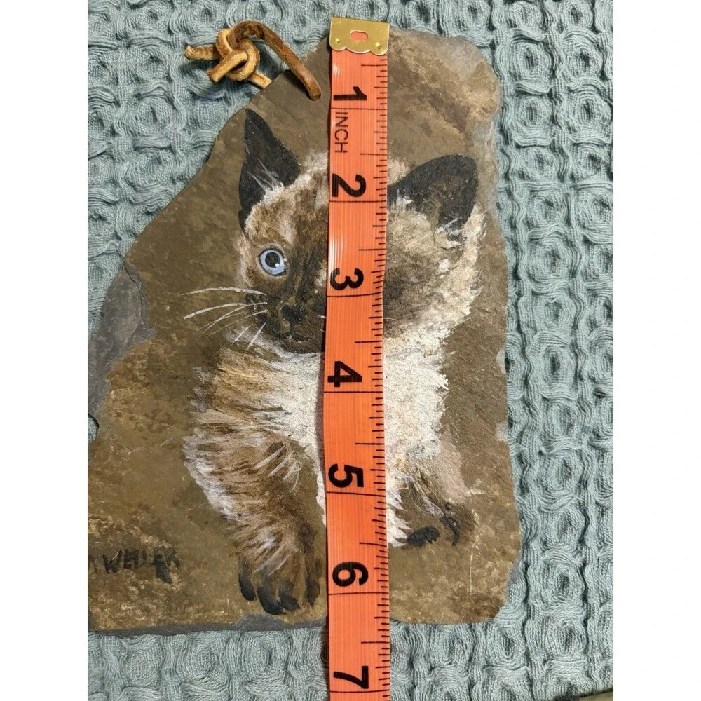 Vintage Siamese Cat Painting Rock Canvas Signed Blue Eye Kitten Art Wall Hanging